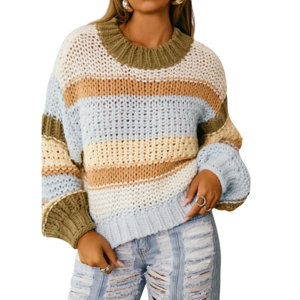 BIBI Chunky Knit Cropped Sweater Striped Boho Neutral Blue Brown Small NWOT